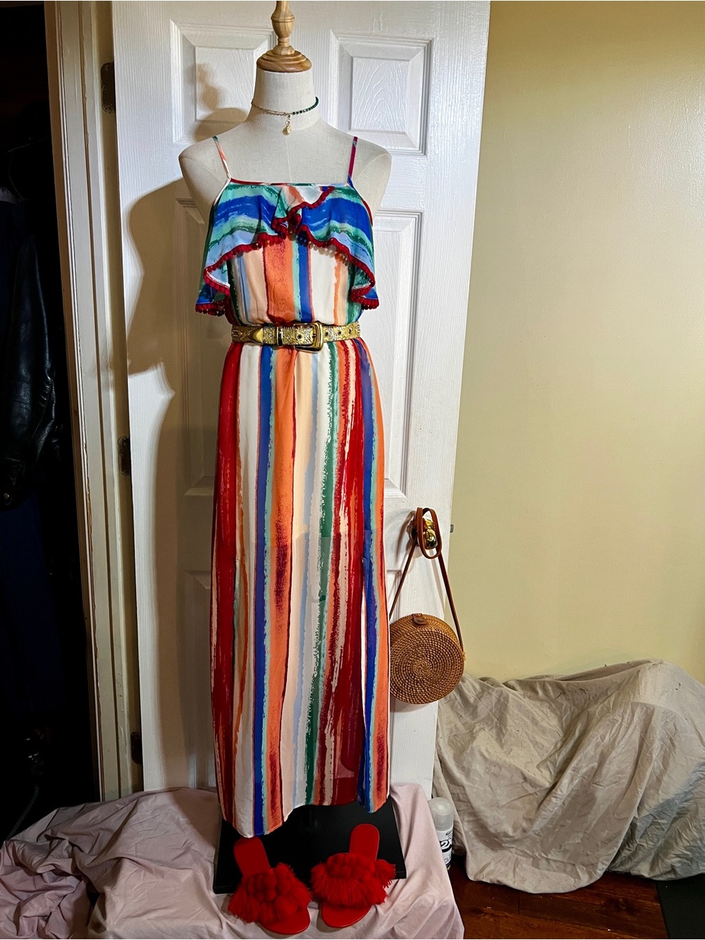 Candies Wms Watercolor Rainbow Chiffon Semi Sheer Ruffle Crochet‎ Maxi Dress S